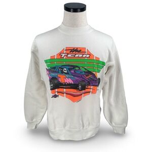Vintage 1994 The T-Car Wash Racing Sweatshirt Neon White Mens Large 90s‎
